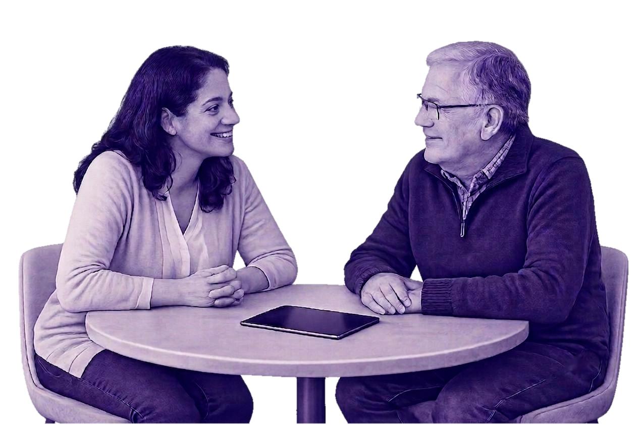 A clinical research coordinator and patient in conversation at a table with a tablet